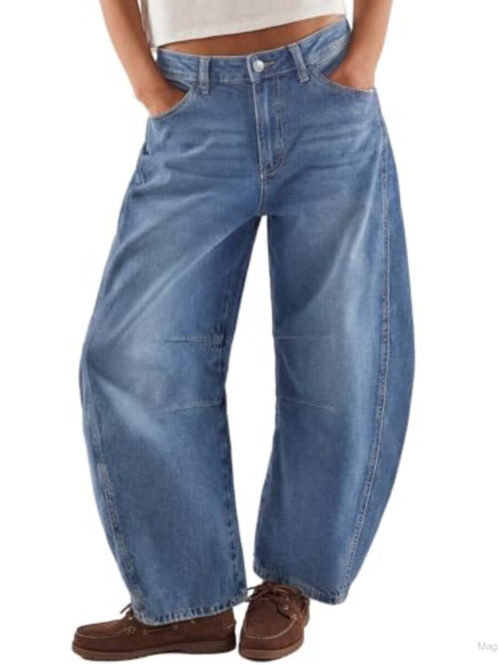 Wide Leg High Rise Barrel Jeans with Curved Hem and Slant Pockets - Soft
